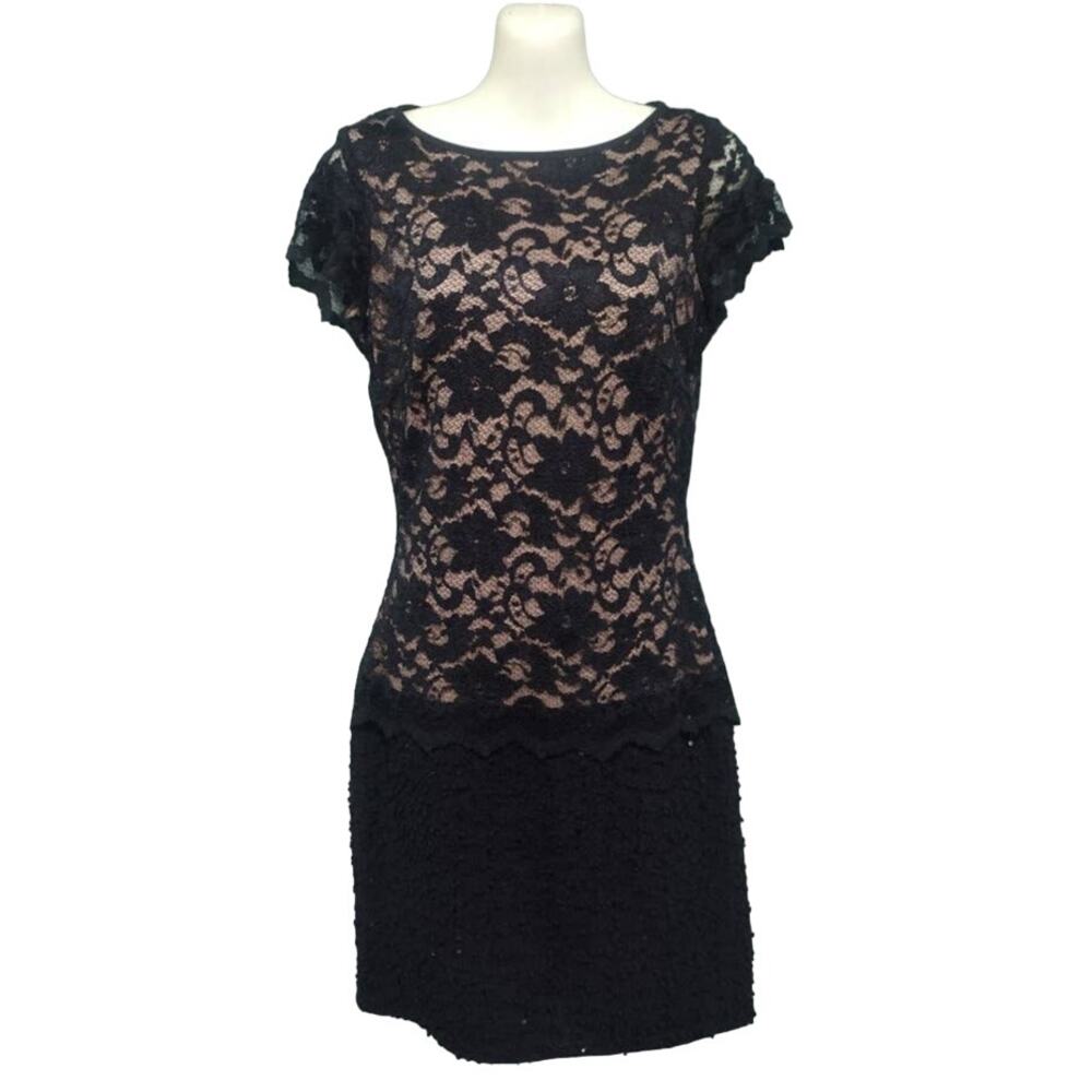 Joseph Ribkoff Sheer‎ Lace and Knit Dress with Cap Sleeves, Black, Size 6
